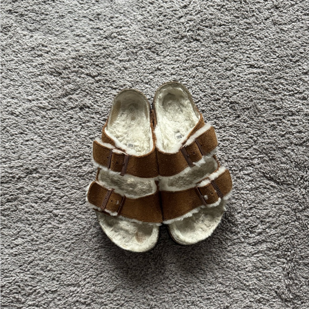 Brown furry Birkenstocks